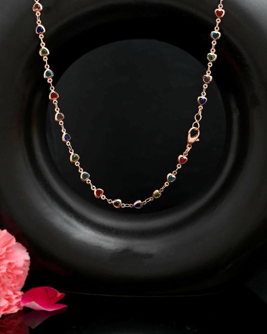VOJ Gold-Polished Chain For Women With Multi Colour Hearts 