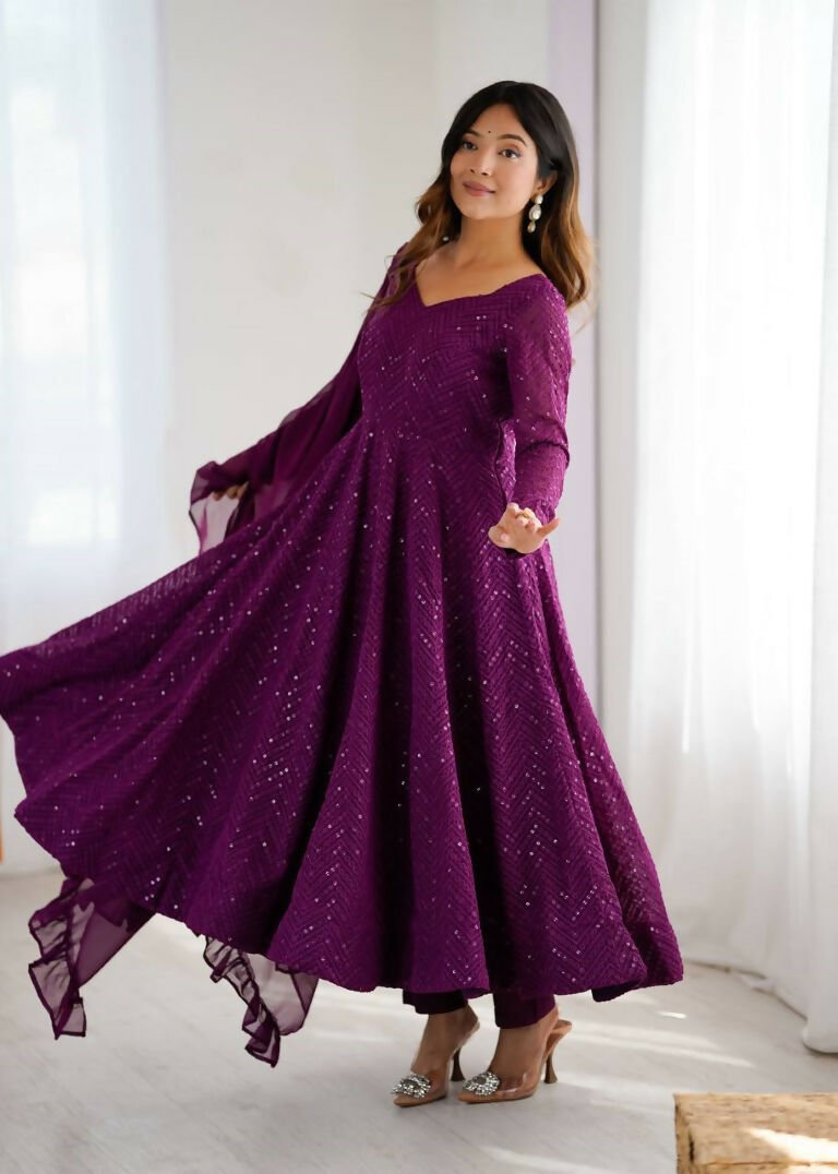 Teeya Creation Wine Color Heavy Embroidery Work Georgette Fabric Wedding Wear Gown
