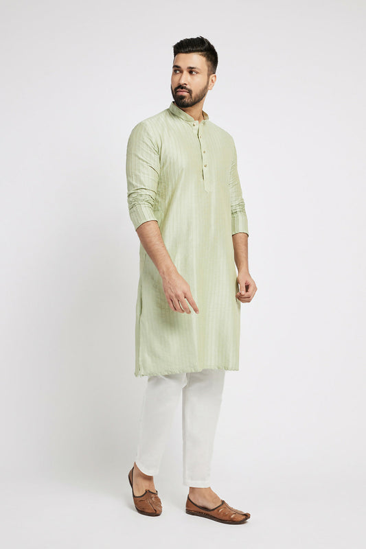 Ethnic India Green Men's Kurta Striped Polyester | Swadesiicart