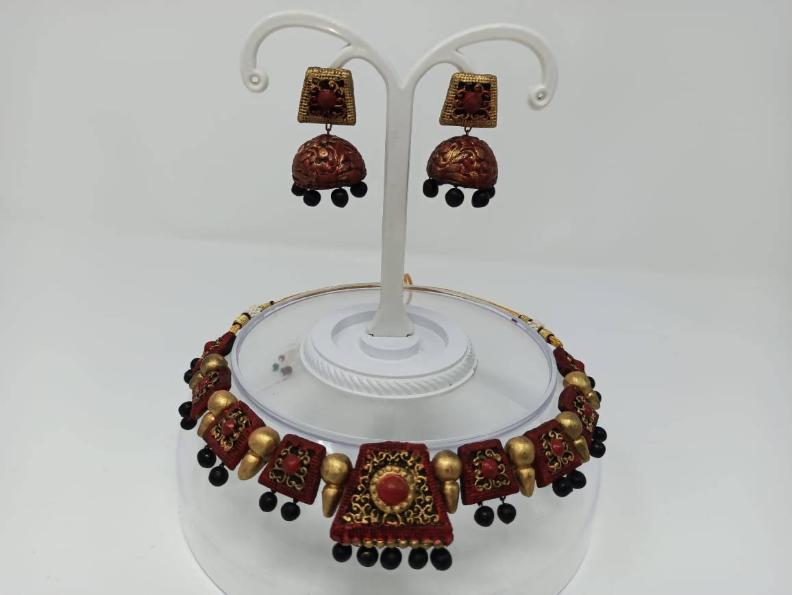 Terracotta Red and Black Choker Necklace Set Paired with Temple Earrings