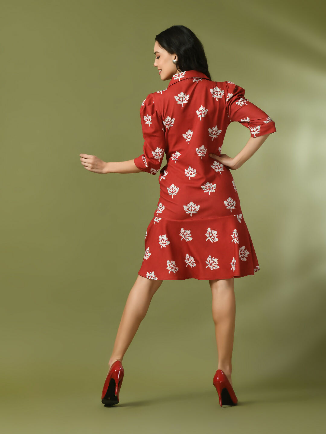 Myshka Women's Rust Printed Shirt Collar Fit and Flare Party Dress