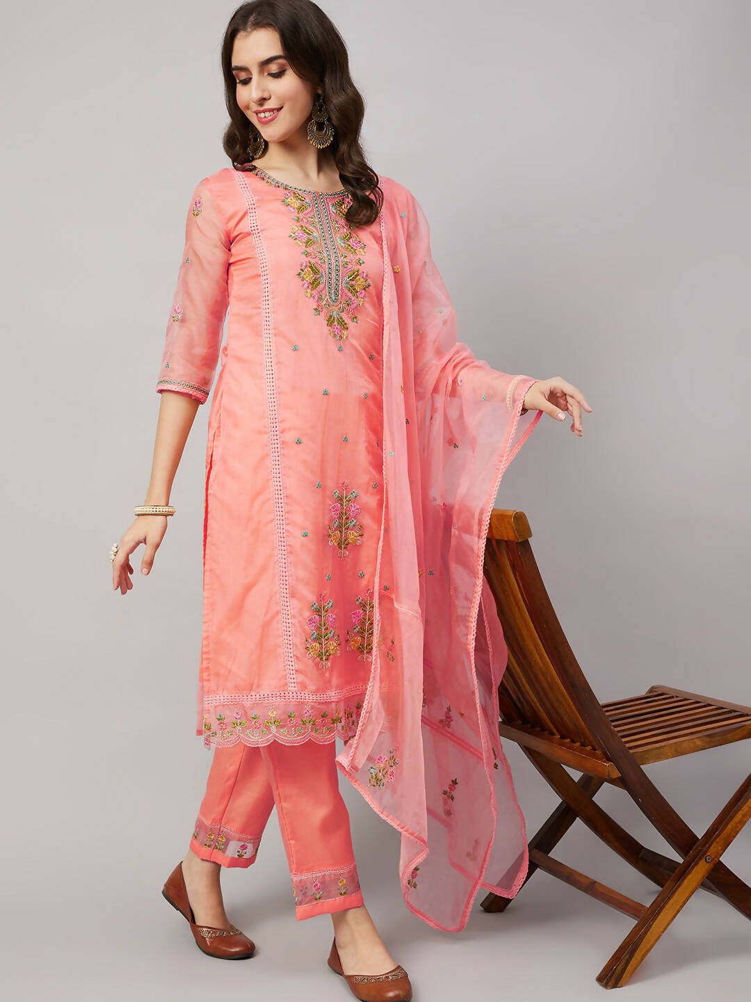 Peach Organza Embroidered Kurta with Bottom & Dupatta - Salimar