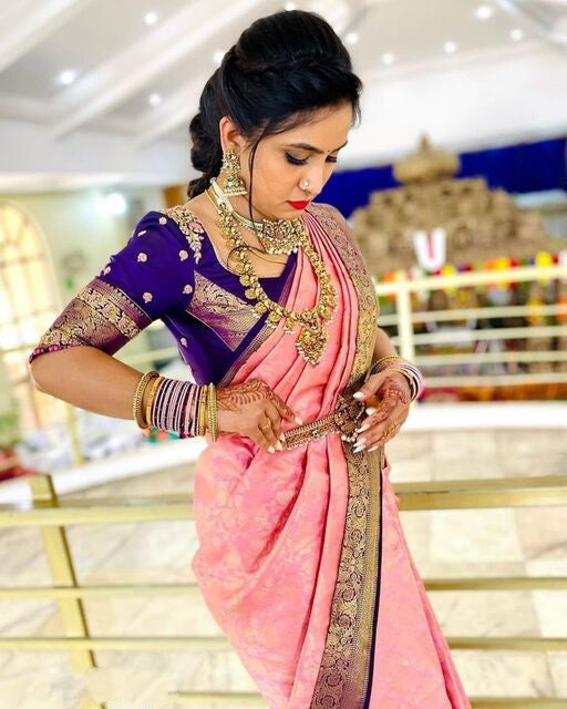 Vamika Weaving Banarasi Jacquard Pink Kanjivaram Saree | Swadesiicart