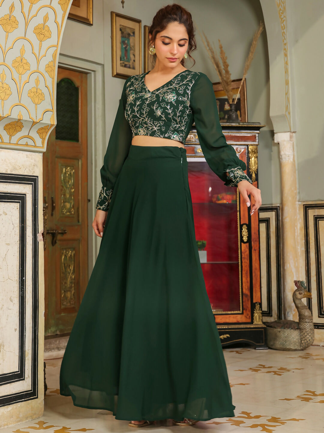 Janasya Dark Green Georgette Embroidered Top & Skirt 