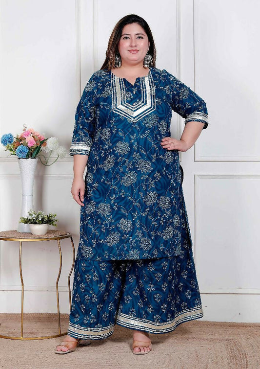 Miravan Plus Size Women'S Cotton Floral Printed V-Neck Kurta With Flared Palazzo