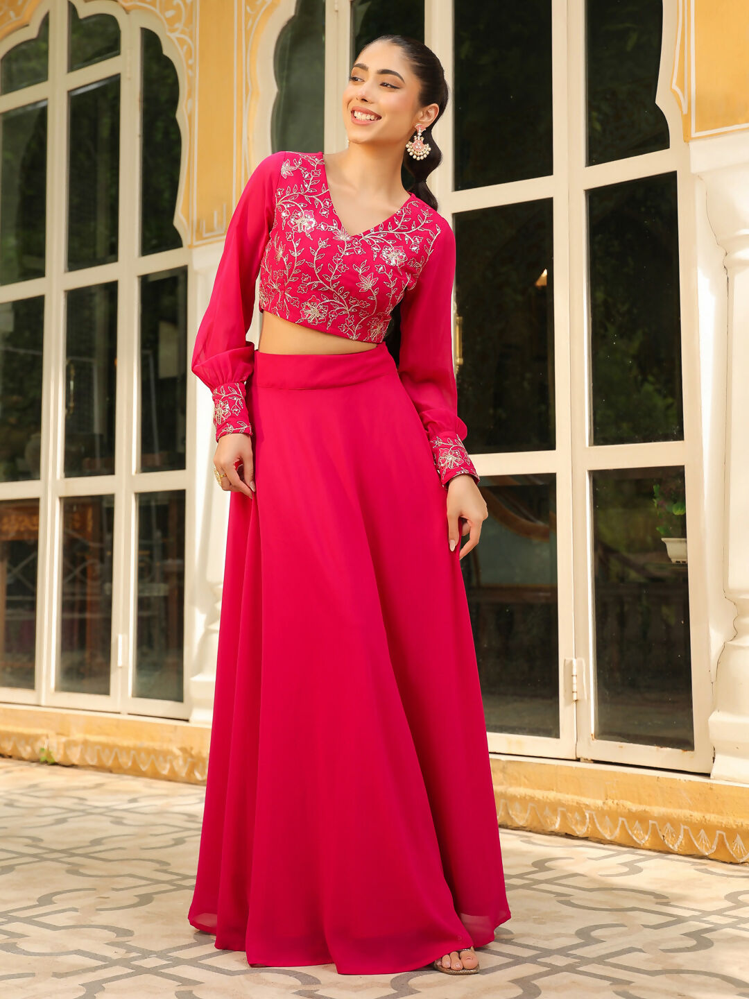 Janasya Pink Georgette Embroidered Top & Skirt 