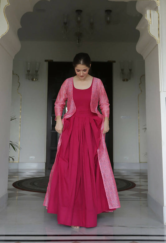 Partywear Designer Digital print Pink Maslin Gown - Anbazaar - Grab2buy