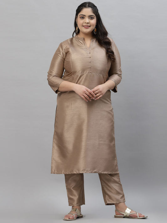 Sztori Plus Size Mandarin Collar Straight Kurta With Trousers