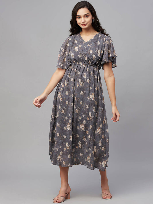 Myshka Women Grey Printed Half Sleeve V Neck Dress