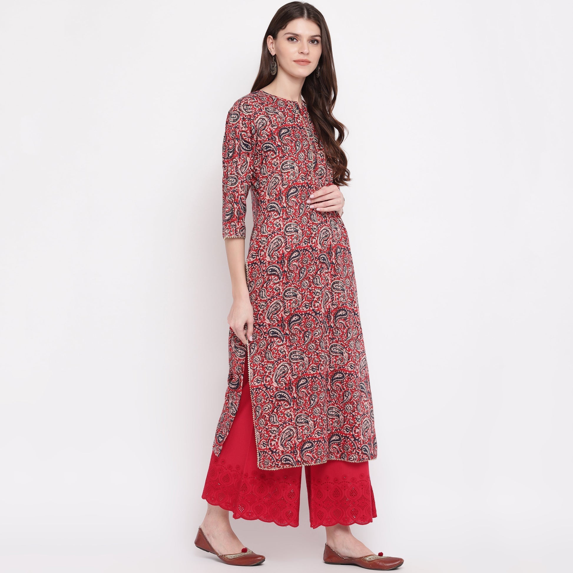 NOZ2TOZ Women's Red Kalamkari Print Cotton Kurta- (1pc set) 
