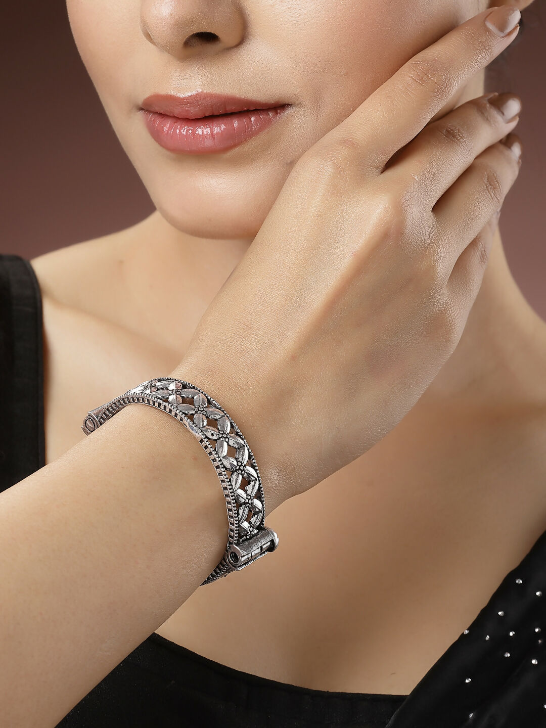 NVR Women's Silver-Toned German Silver Oxidised Kada Bangle | Grab2Buy
