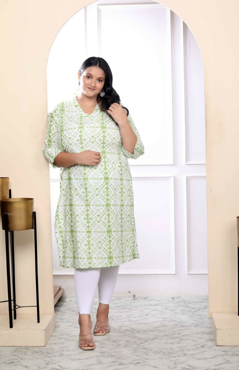 Miravan Women's Plus Size White And Green Tie Dye Cotton Kurti 