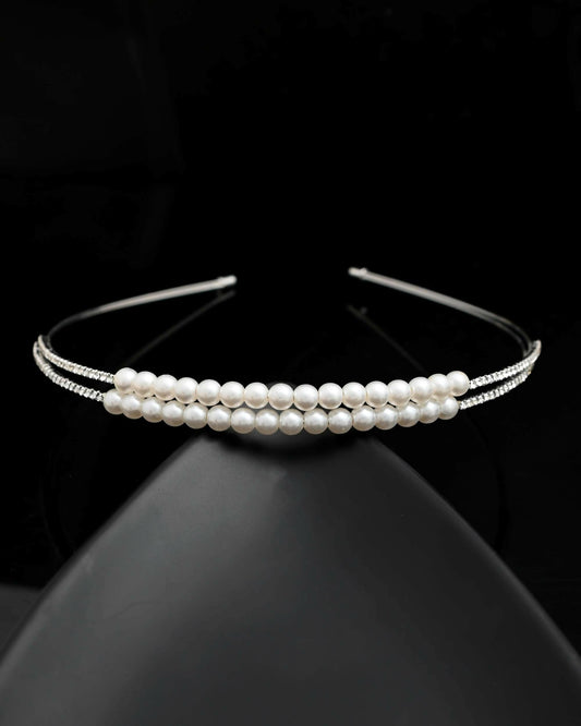 VOJ Silver Plated Pearl Studded Double Layer Hairband 