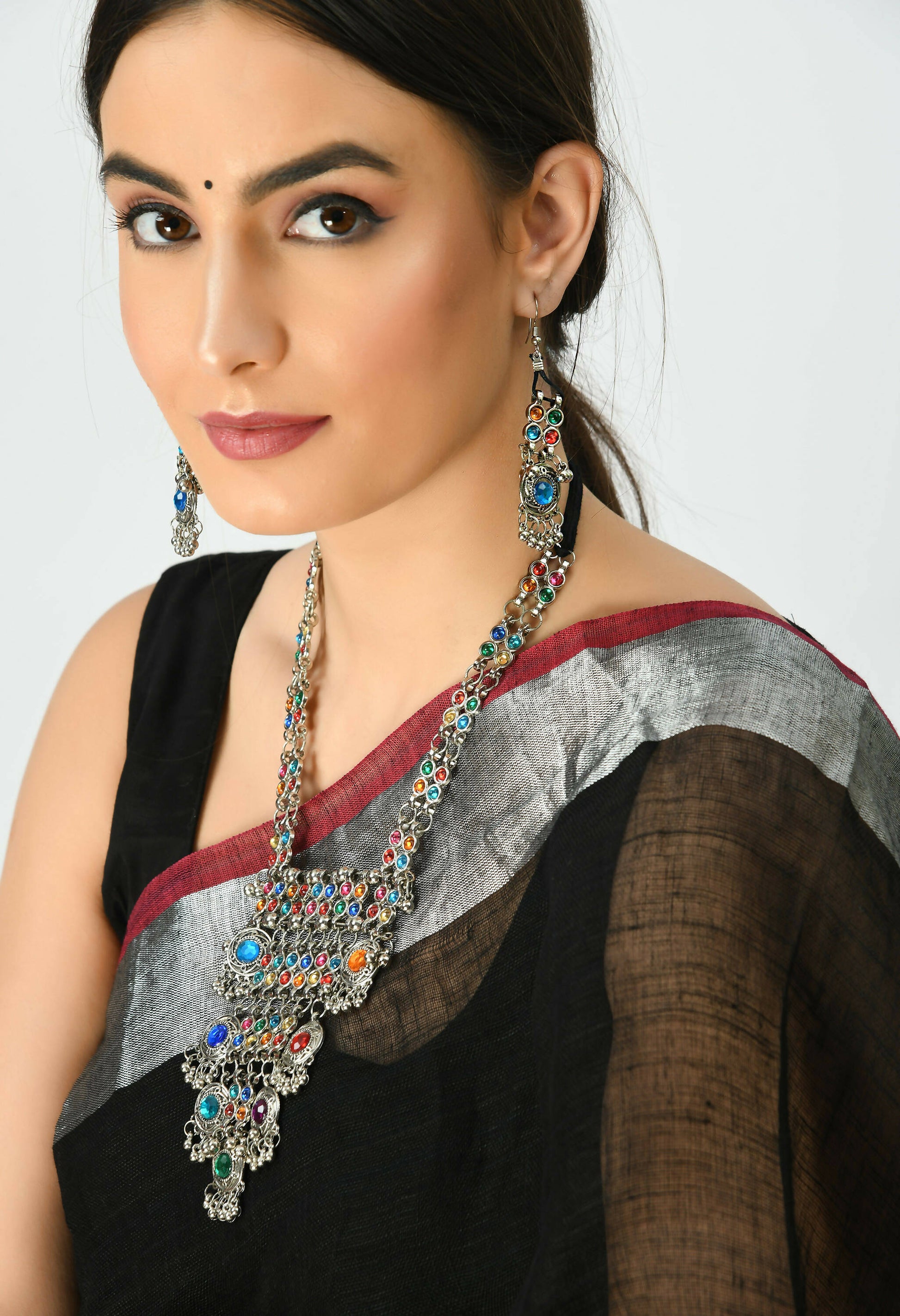 Mominos Fashion Johar Kamal Oxidised Silver-Plated Brass Finish Multi Kundan Afghani Long Necklace For Women - Grab2buy