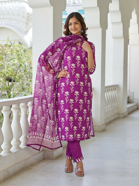 The52 Wine Women's Beautiful Cotton Blend Fabric Printed Work Straight Kurta, Pant and Dupatta Set | Grab2Buy