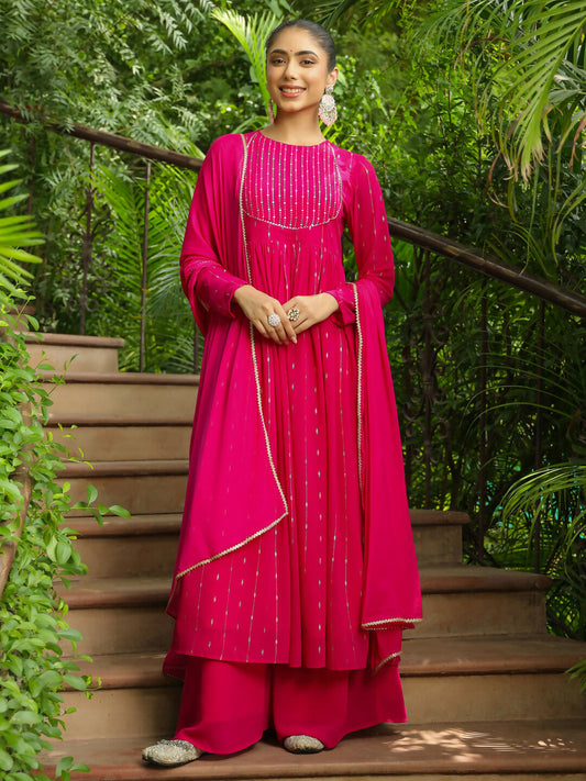 Janasya Pink Georgette Foil Print Kurta,Bottom & Dupatta 