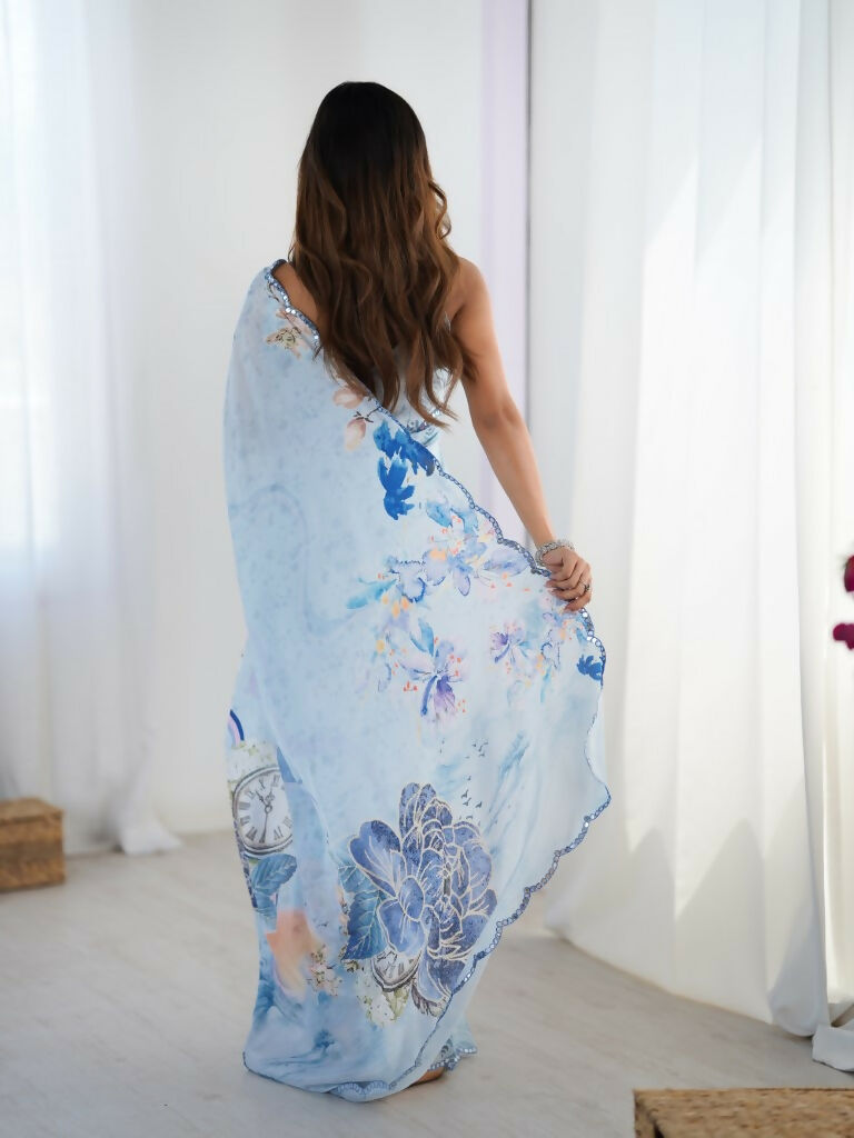 Sky Blue Chinon Designer Digital Printed,Mirror Cut Work Saree - Elayna