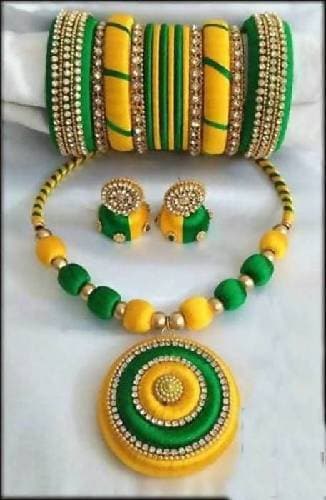 Green and Yellow Silk Threaded Necklace Set, Earrings And Bangles Set of 2 