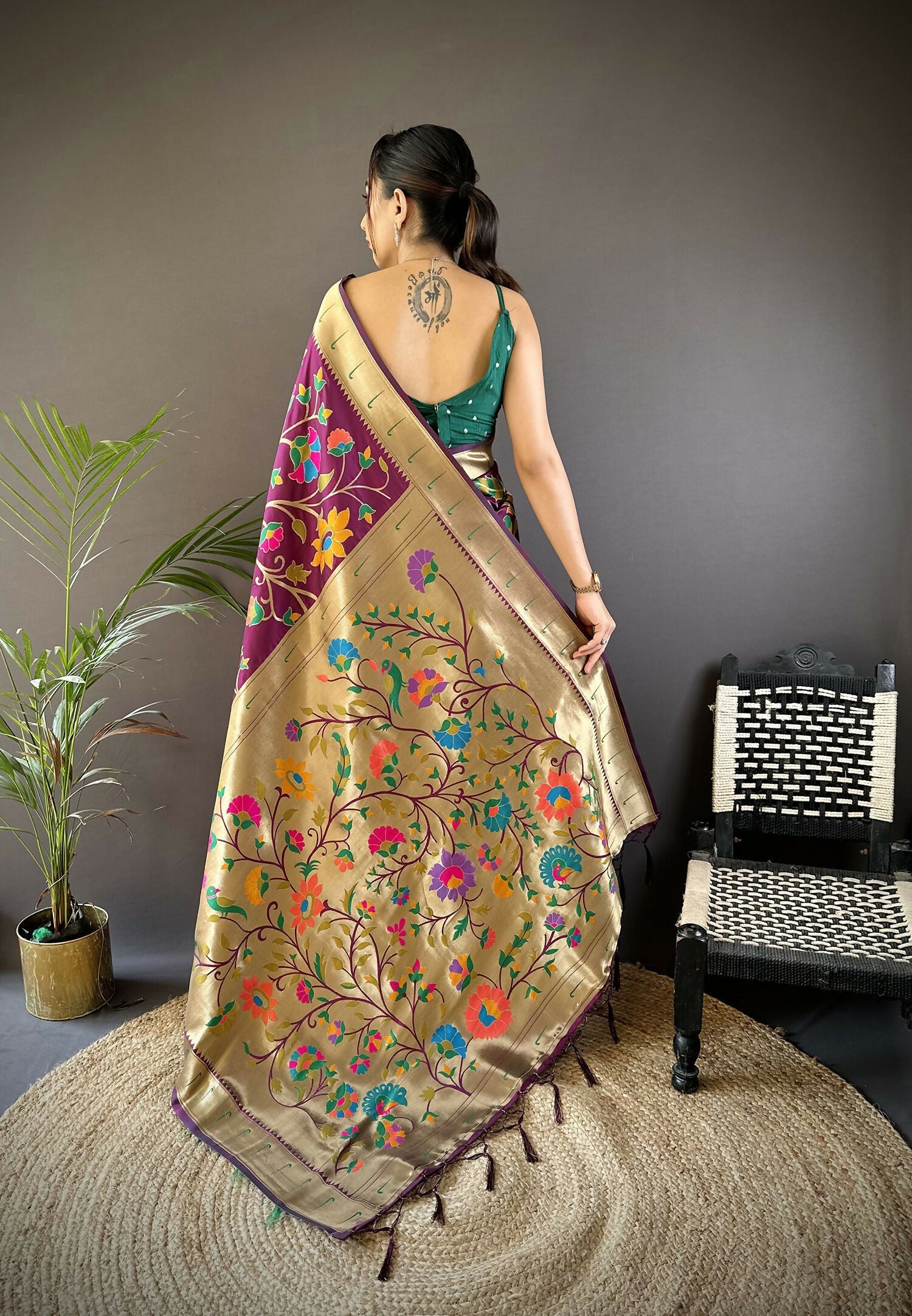 Joban Fashion Wine Zari Woven Floral Motifs Soft Silk Paithani Silk Saree