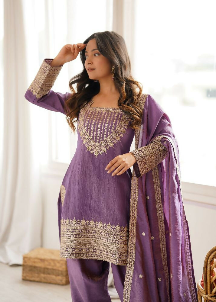 Teeya Creation Mauve Purple Afghani Salwar Suit Set With Elegant Zari Border
