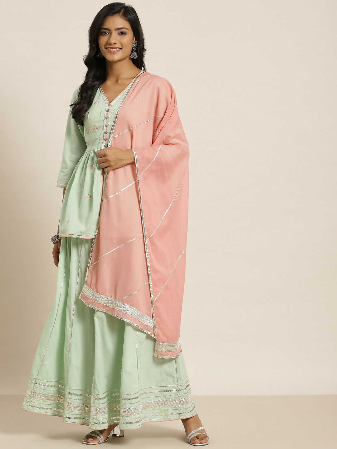 Juniper Pista Green Thread Embroidered Kurta Palazzo & Cotton Dupatta Set