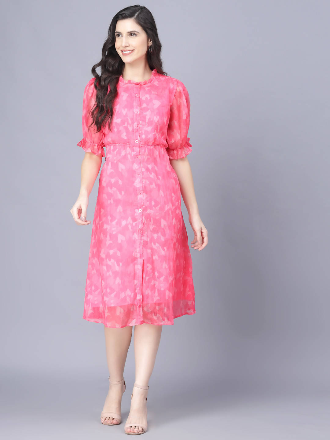 Myshka Women Pink White Floral Organic Cotton Midi Dress