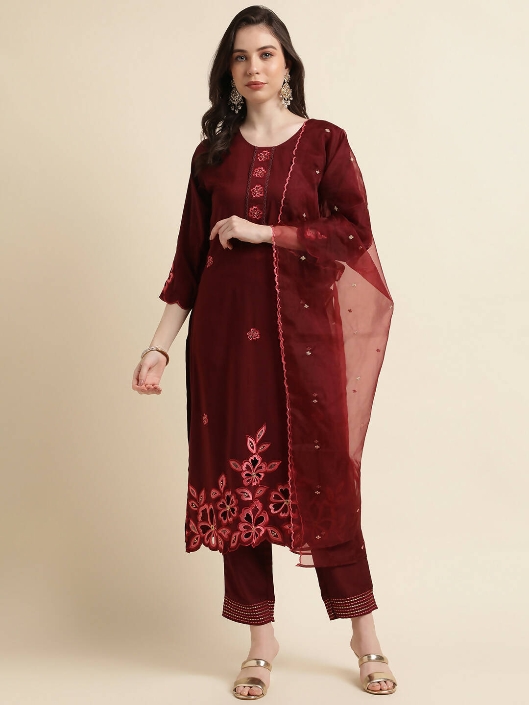 Maroon Chinon Silk Embroidered Straight Kurta with Trouser & Dupatta - Salimar
