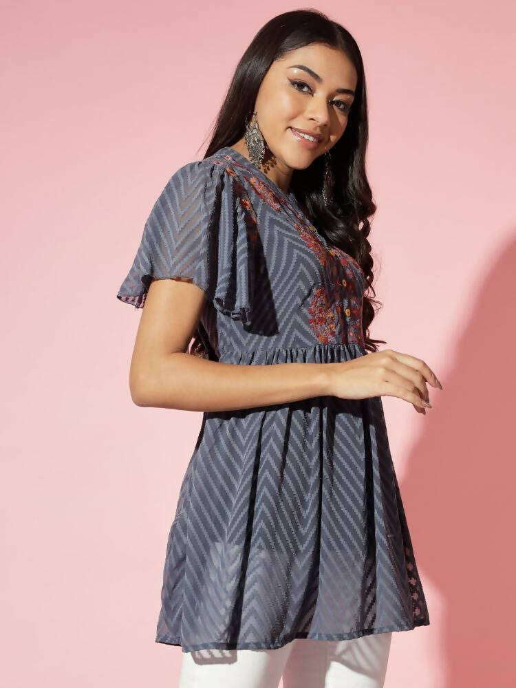Myshka Women Grey Solid V-Neck Flared Sleeves Synthetic Georgette Top