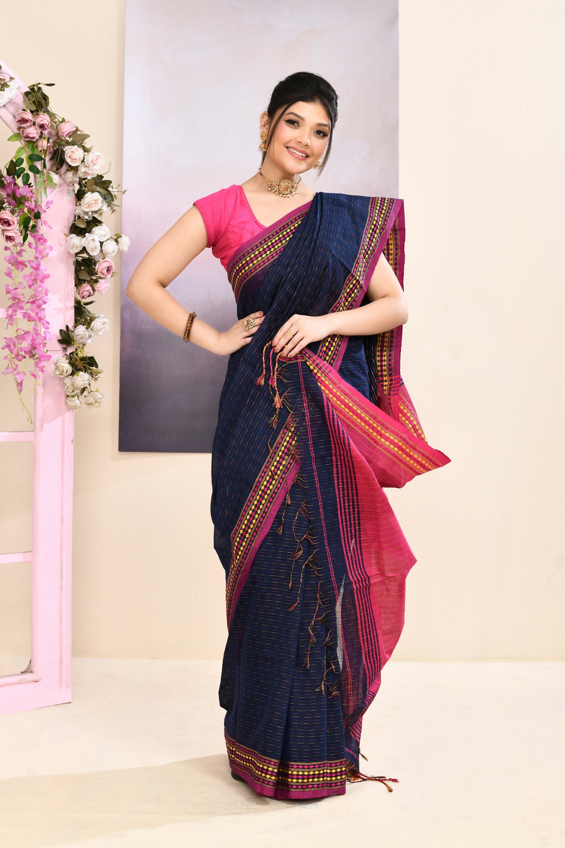 Piyari Fashion Women's Navy Blue Embellished Cotton Blend Jamdani Saree
