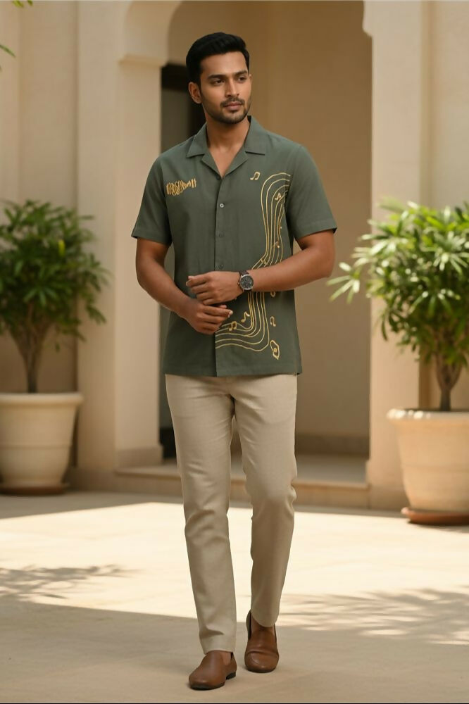 Echo — Green Music Embroidered Cotton Shirt by Hilo Design