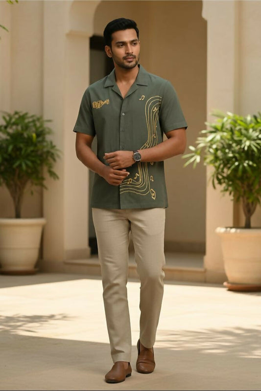 Echo — Green Music Embroidered Cotton Shirt by Hilo Design