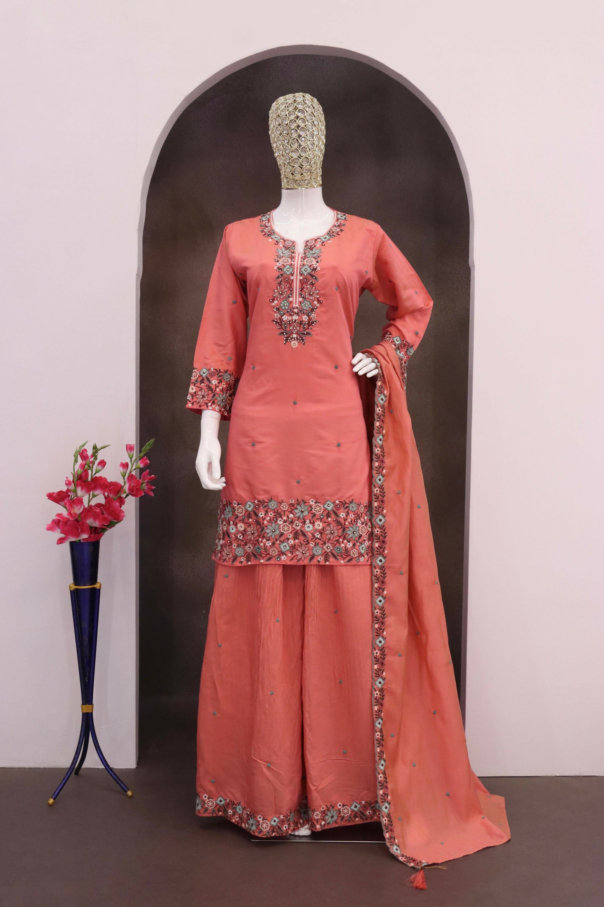 Anaita Peach Simar with Embroidery Multi & Zarkhan Work Readymade Palazzo suit