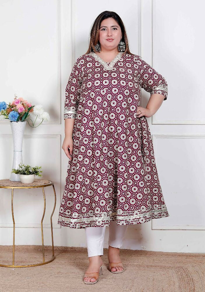 Miravan Plus Size Women'S Cream Embroidered Cotton Anarkali Kurta 