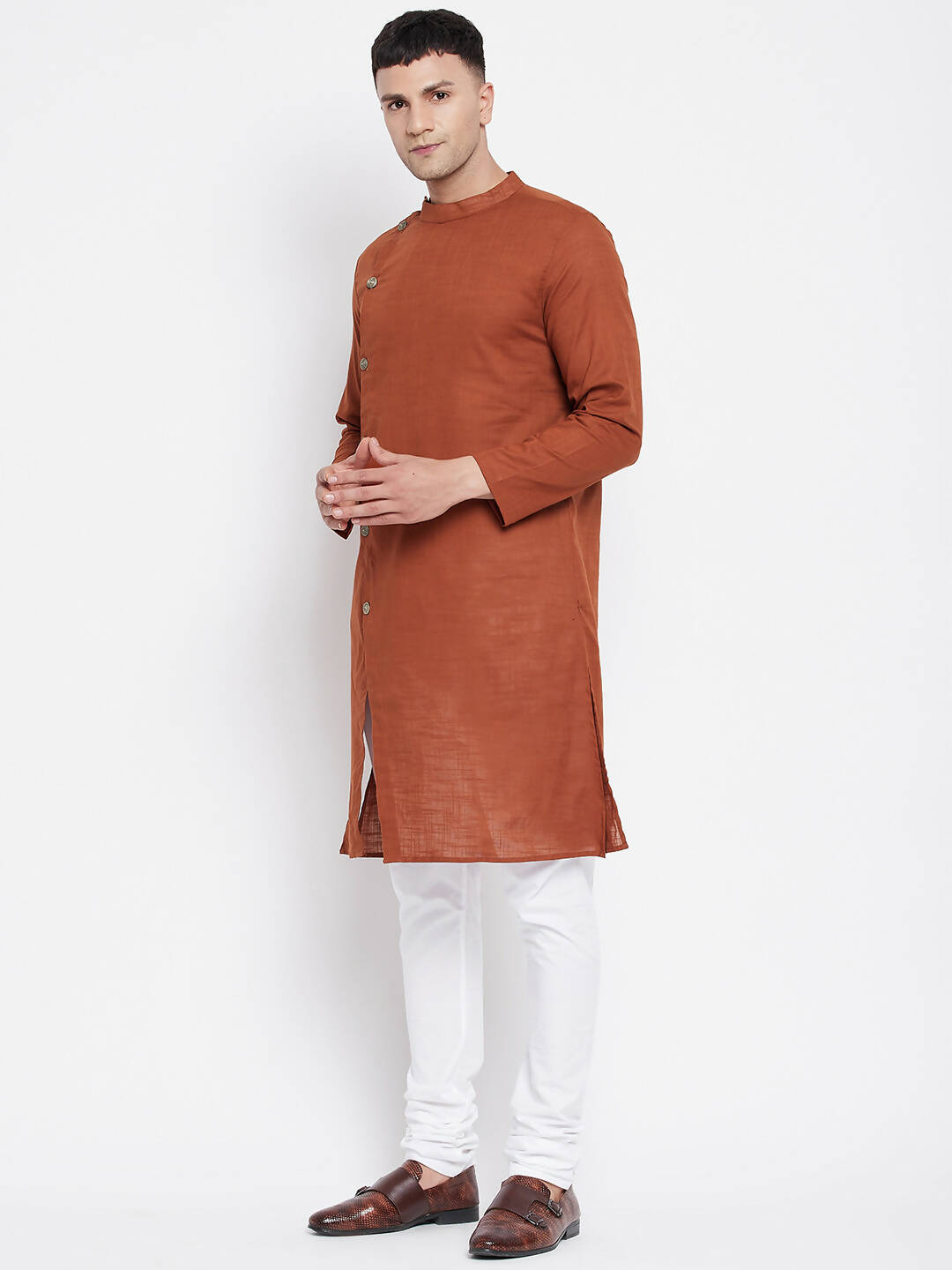 Even Apparels Brown Pure Cotton Men's Sherwani Kurta With Asymetrical Cut 