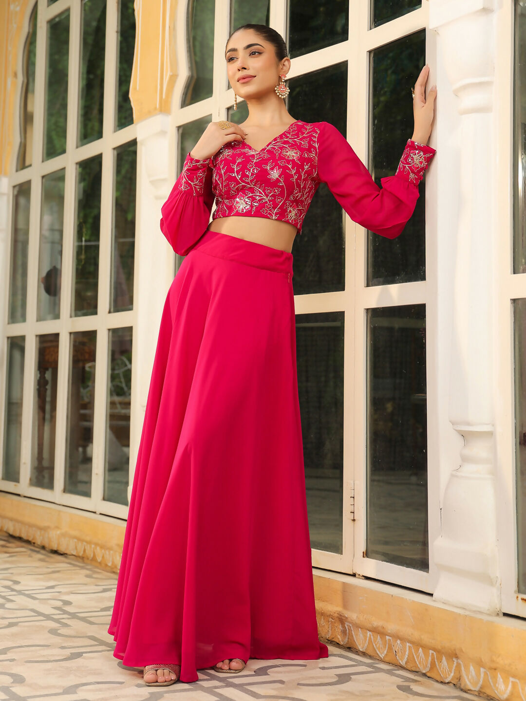 Janasya Pink Georgette Embroidered Top & Skirt 