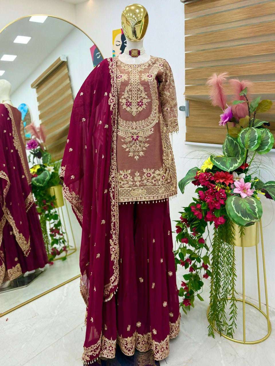 Teeya Creation Womens Latest Trending Codding Embroidery Siqunce Work Kurta Palazzo Set - Red