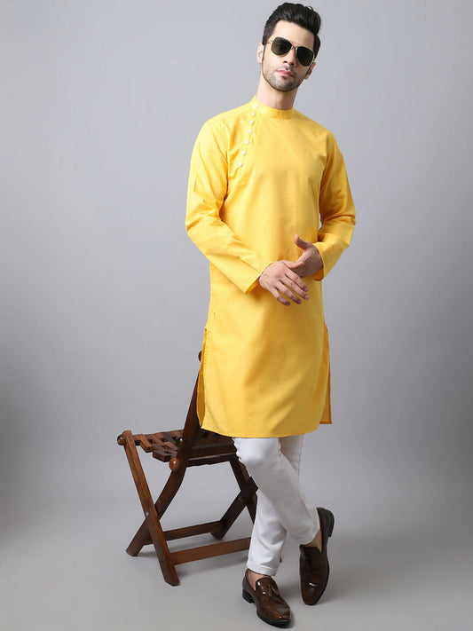 Even Apparels Yellow Pure Cotton Men's Kurta With Side Placket 