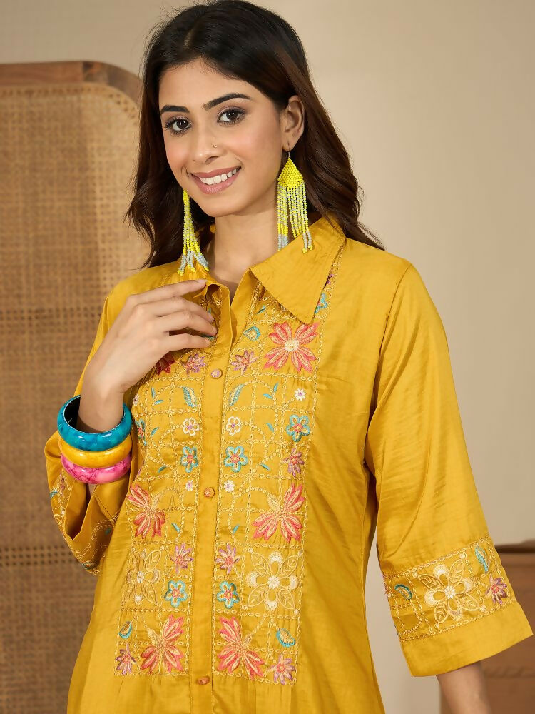 Joban Fashion Women Mustard Roman Silk Embroidered Stitched Kurta Set