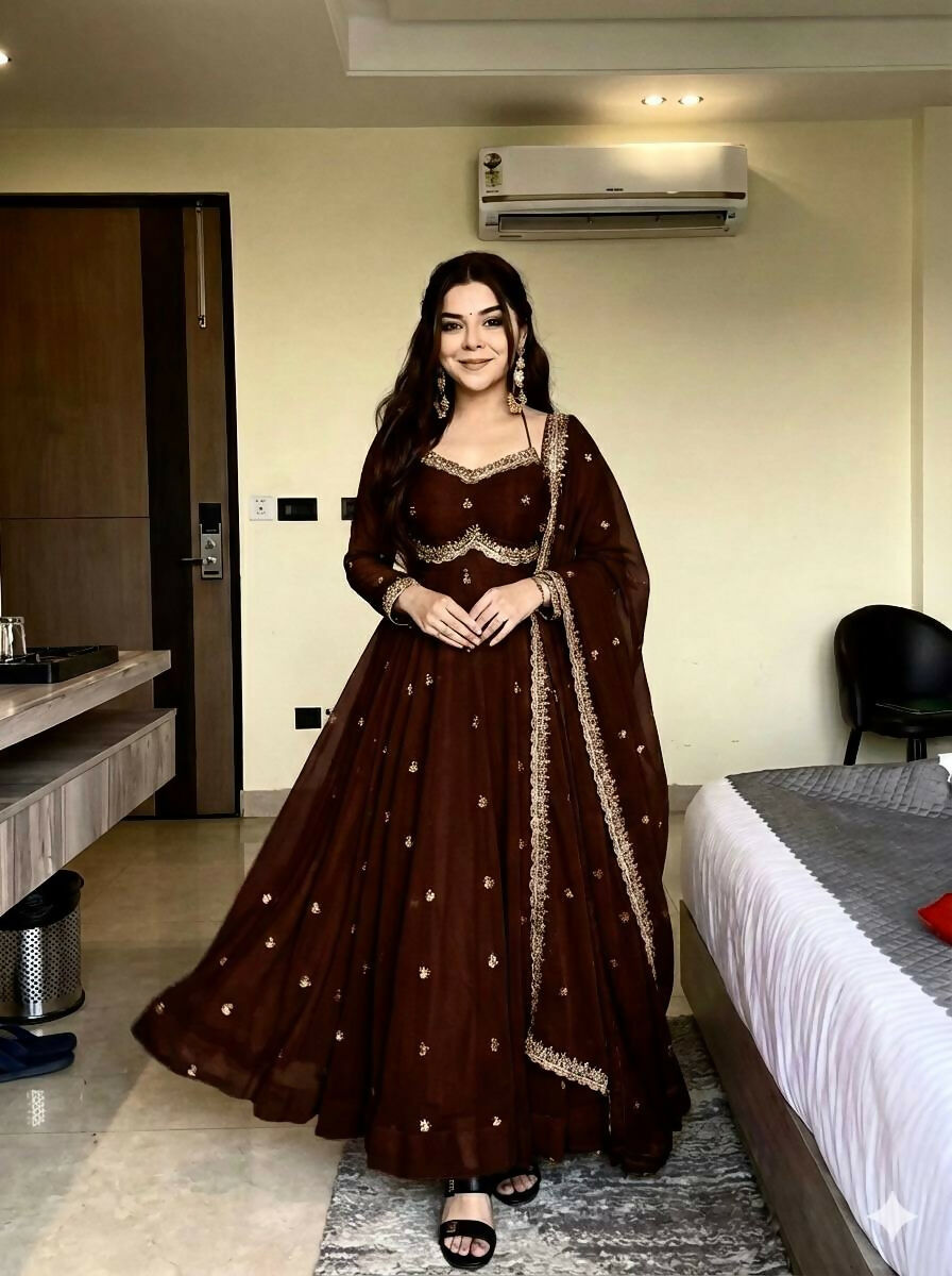 Teeya Creation Womens New Fancy Fox Georgette Heavy Quality Fabric With Handwork Brown Gown Set