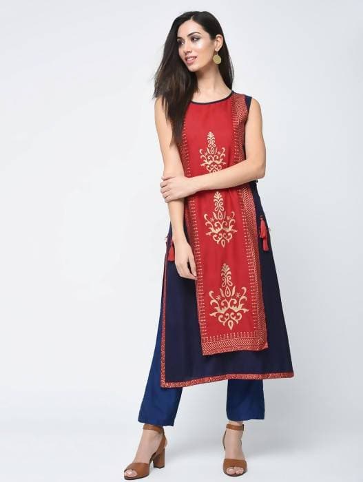 Aniyah Rayon Block Printed Layered Kurta In Red (AN-120K) | Grab2Buy