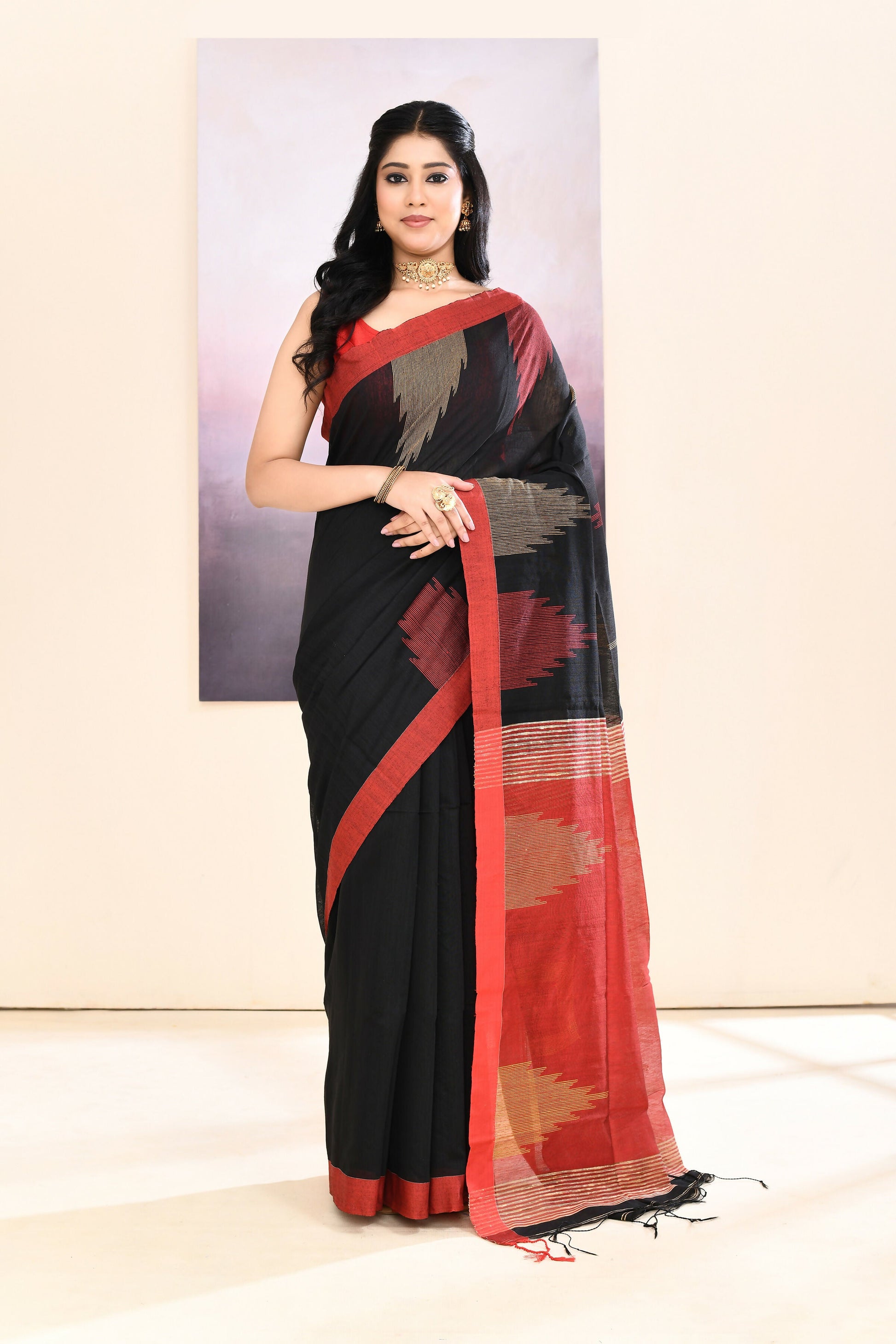 Piyari Fashion Women's Black Temple Border Embellished Cotton Blend Jamdani Saree