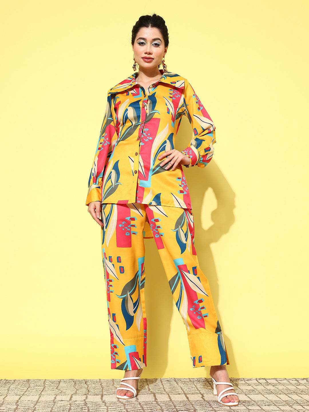 Yufta Yellow and Pink Printed Satin Co-Ords 