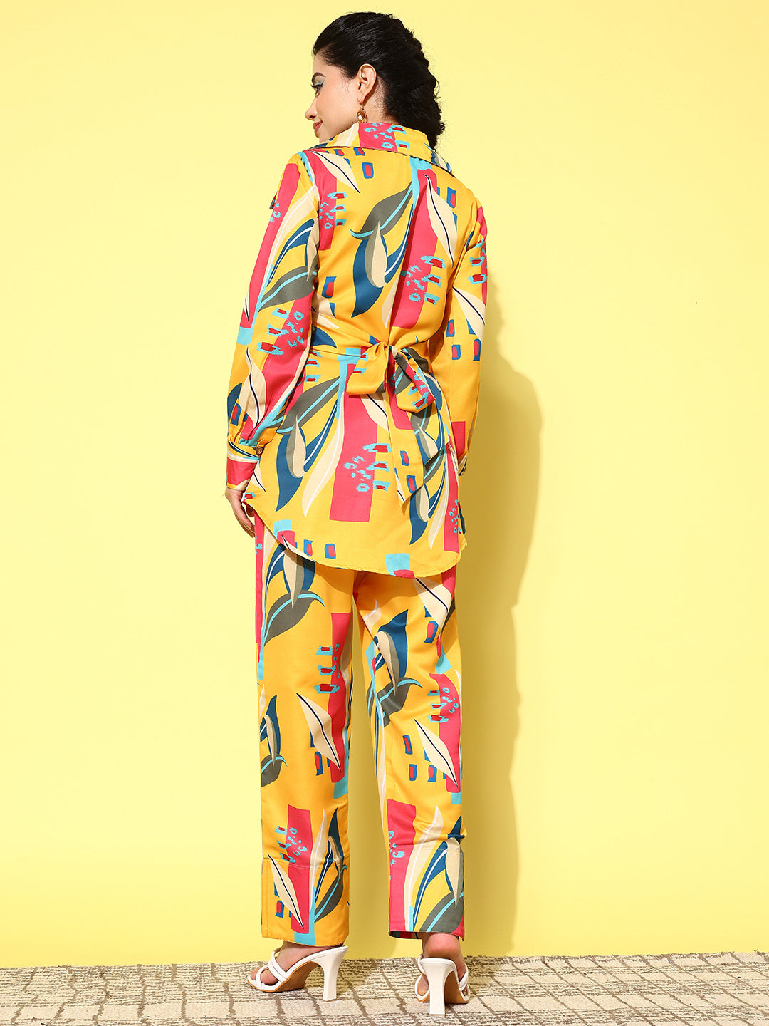 Yufta Yellow and Pink Printed Satin Co-Ords 