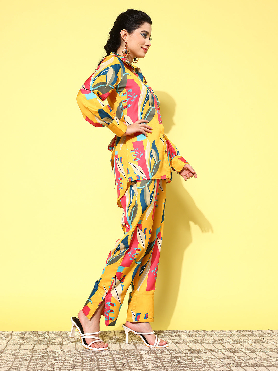 Yufta Yellow and Pink Printed Satin Co-Ords 