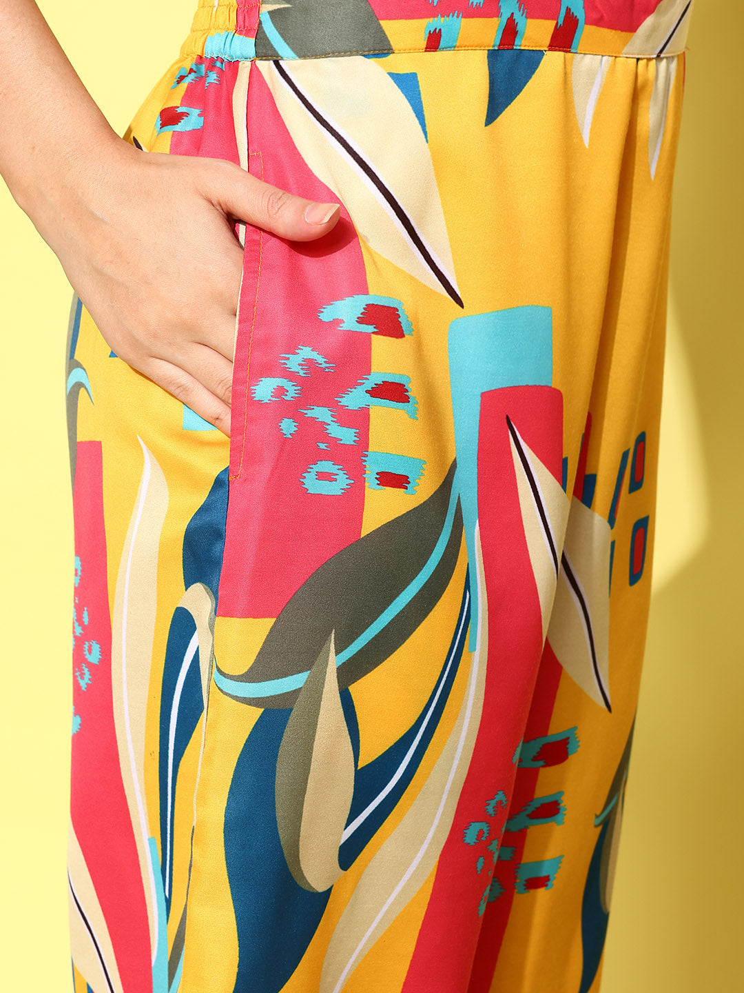 Yufta Yellow and Pink Printed Satin Co-Ords 