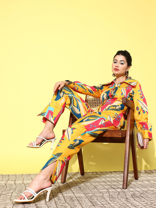 Yufta Yellow and Pink Printed Satin Co-Ords 