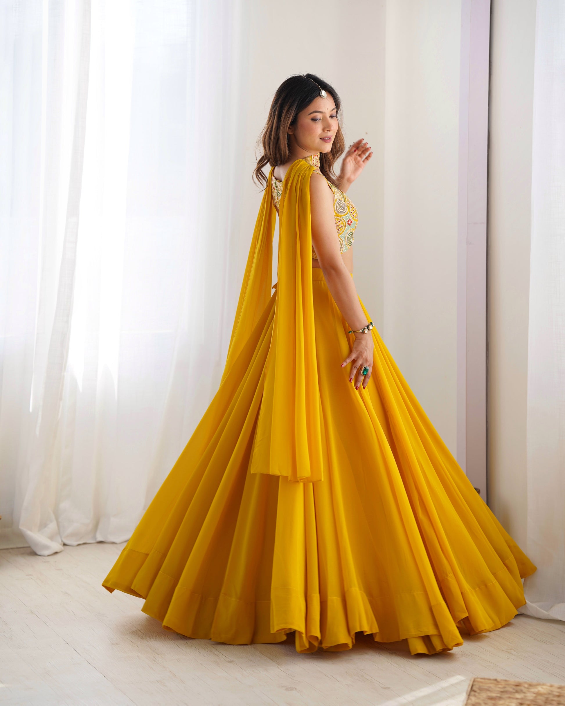 Lorenvalley Yellow Faux Georgette Stitched Lehenga Embroidery Blouse with Dupatta 