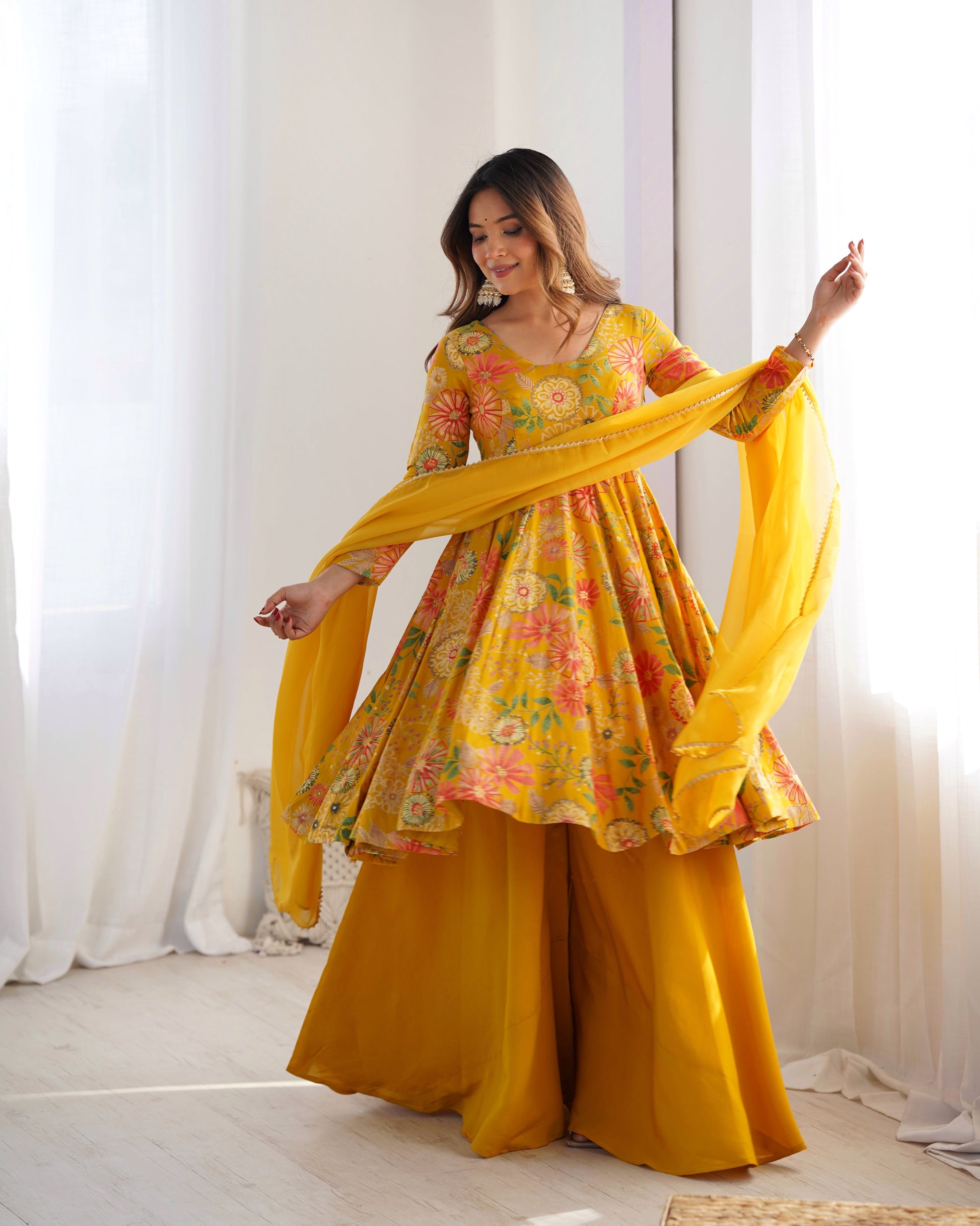 Lorenvalley Women Pure Soft Roman silk Chanderi Discharge Print Fabric Kediya Kurta Palazzo with Dupatta Set - Yellow 