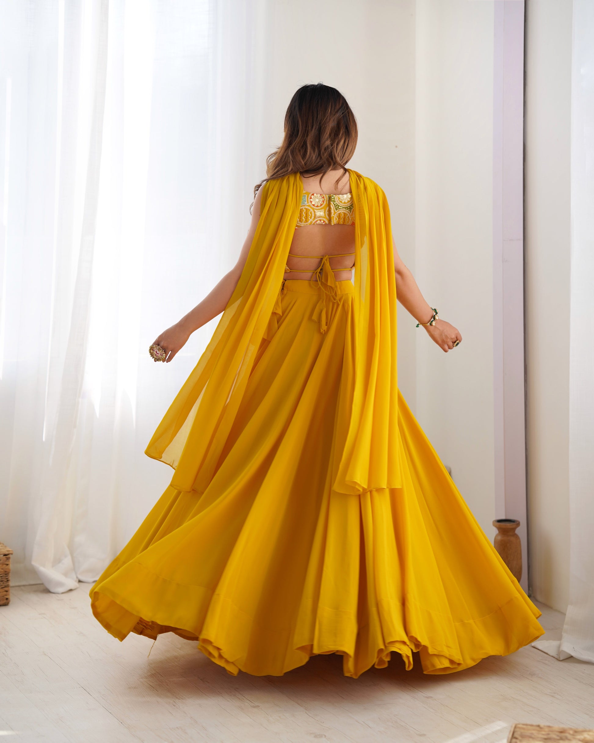 Lorenvalley Yellow Faux Georgette Stitched Lehenga Embroidery Blouse with Dupatta 