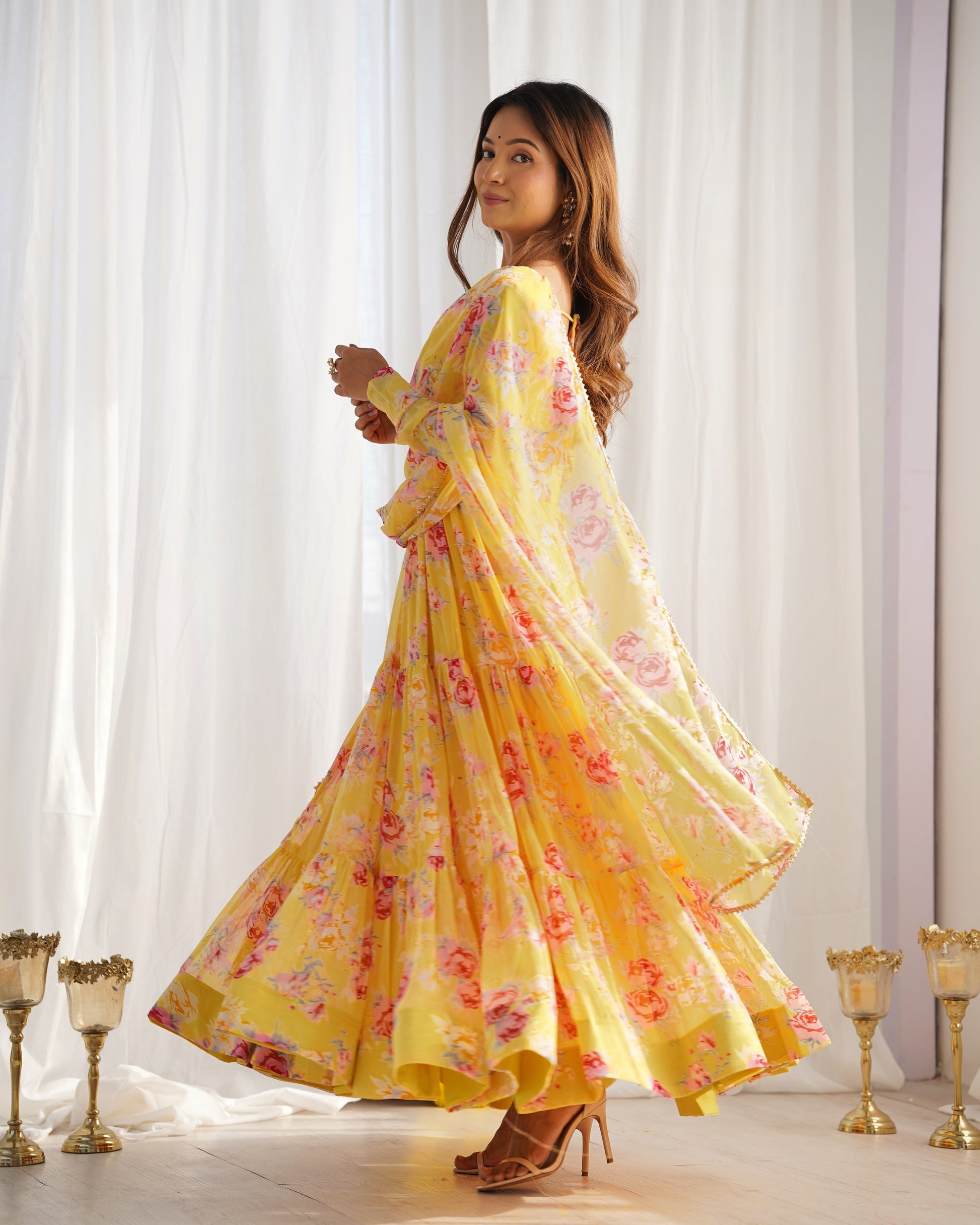 Lorenvalley Women Pure Soft Faux Georgette Floral Print Fully Flair Anarkali Kurta Pant With Dupatta Set - Yellow 